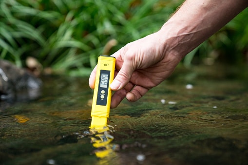 Checking the water quality with a pH meter