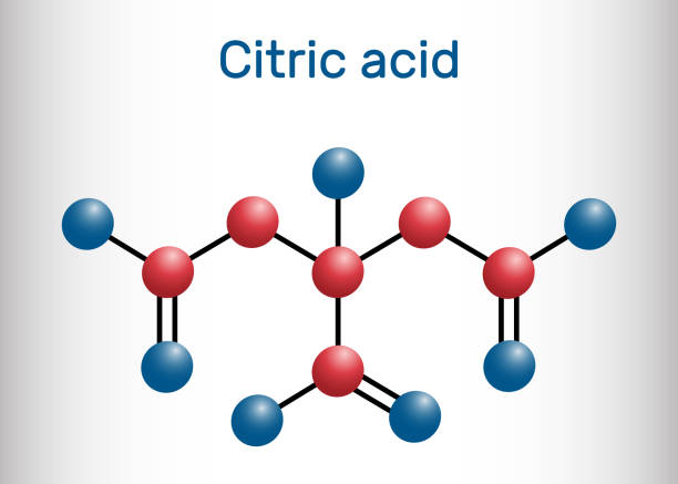 Citric acid molecule, alpha hydroxy acid, AHA. Is used as additive in food, cleaning agents, nutritional supplements. Molecule model. Vector illustration