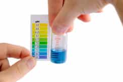 Man determining water pH by comparing the color of liquid in testing vial with attached color scale. Water is alkaline