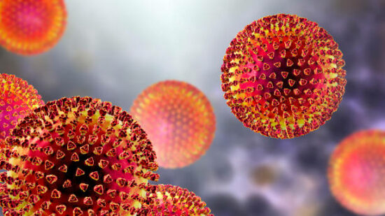Viruses with surface spikes, 3D illustration. Science research background